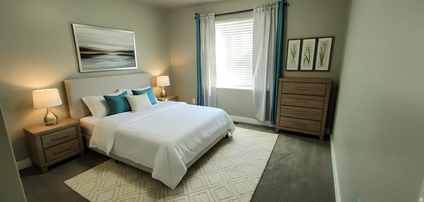Bedroom featuring carpet floors and baseboards