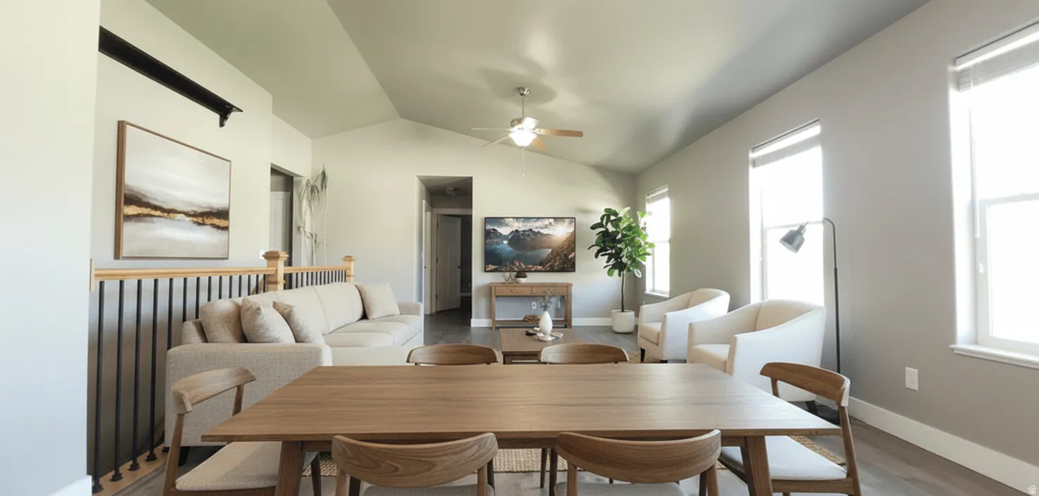 Dining area with vaulted ceiling, a ceiling fan, and wood finished floors