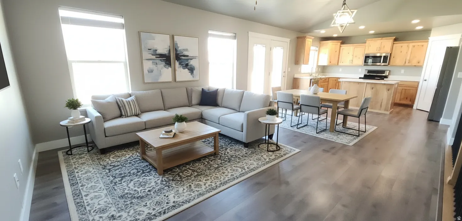 Living room with recessed lighting, lofted ceiling, and dark wood-type flooring