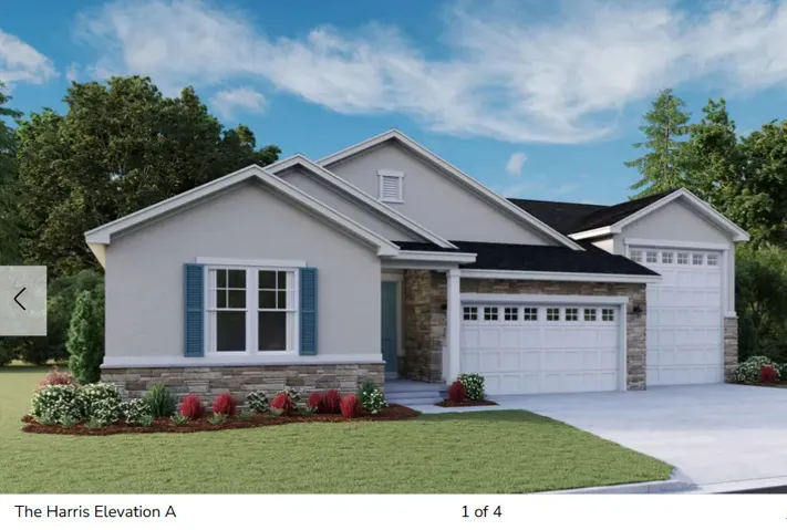 View of front facade featuring stone siding, a front lawn, a garage, stucco siding, and concrete driveway