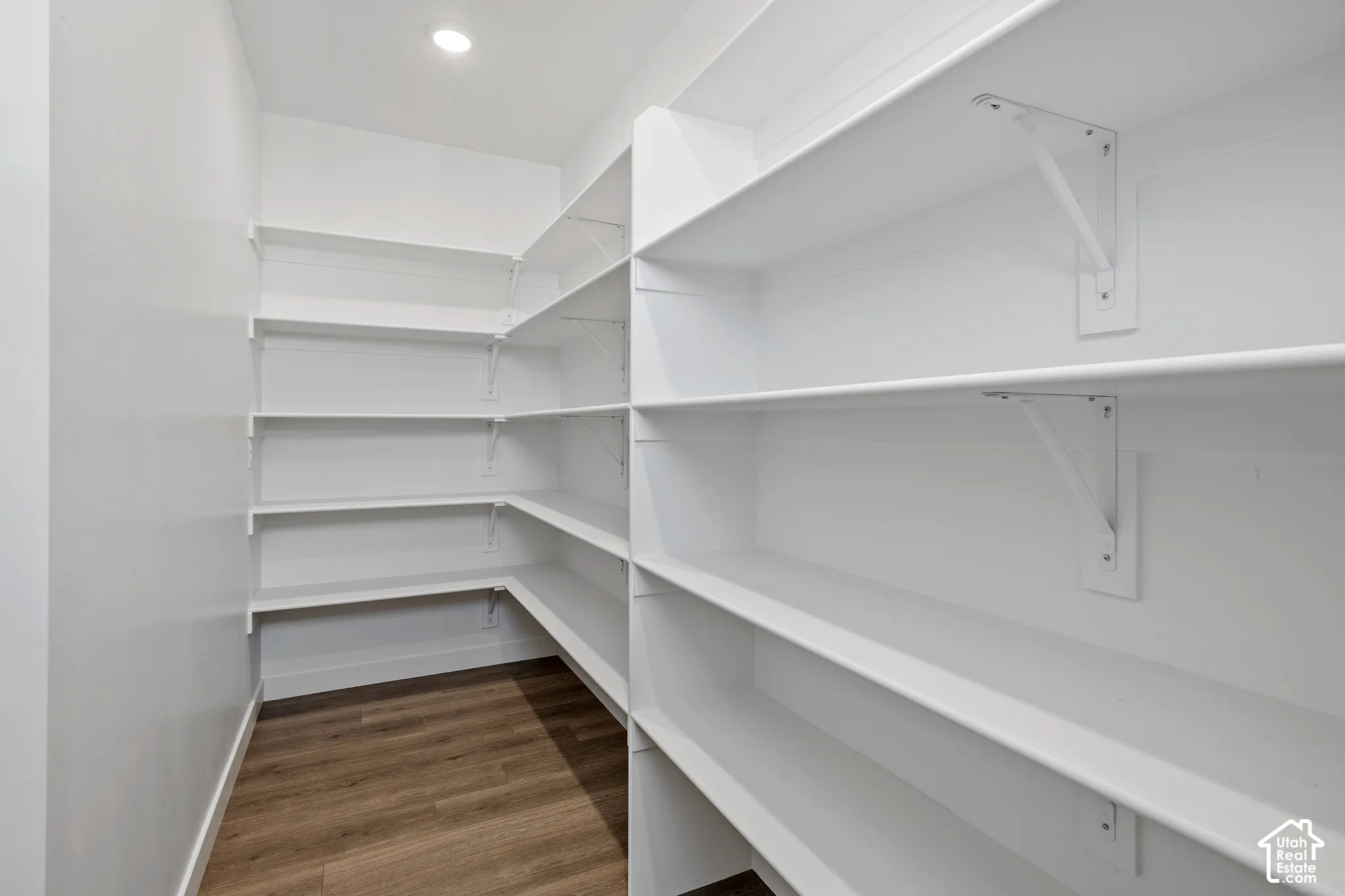 Built-in shelving, recessed lighting, wood-finish flooring
