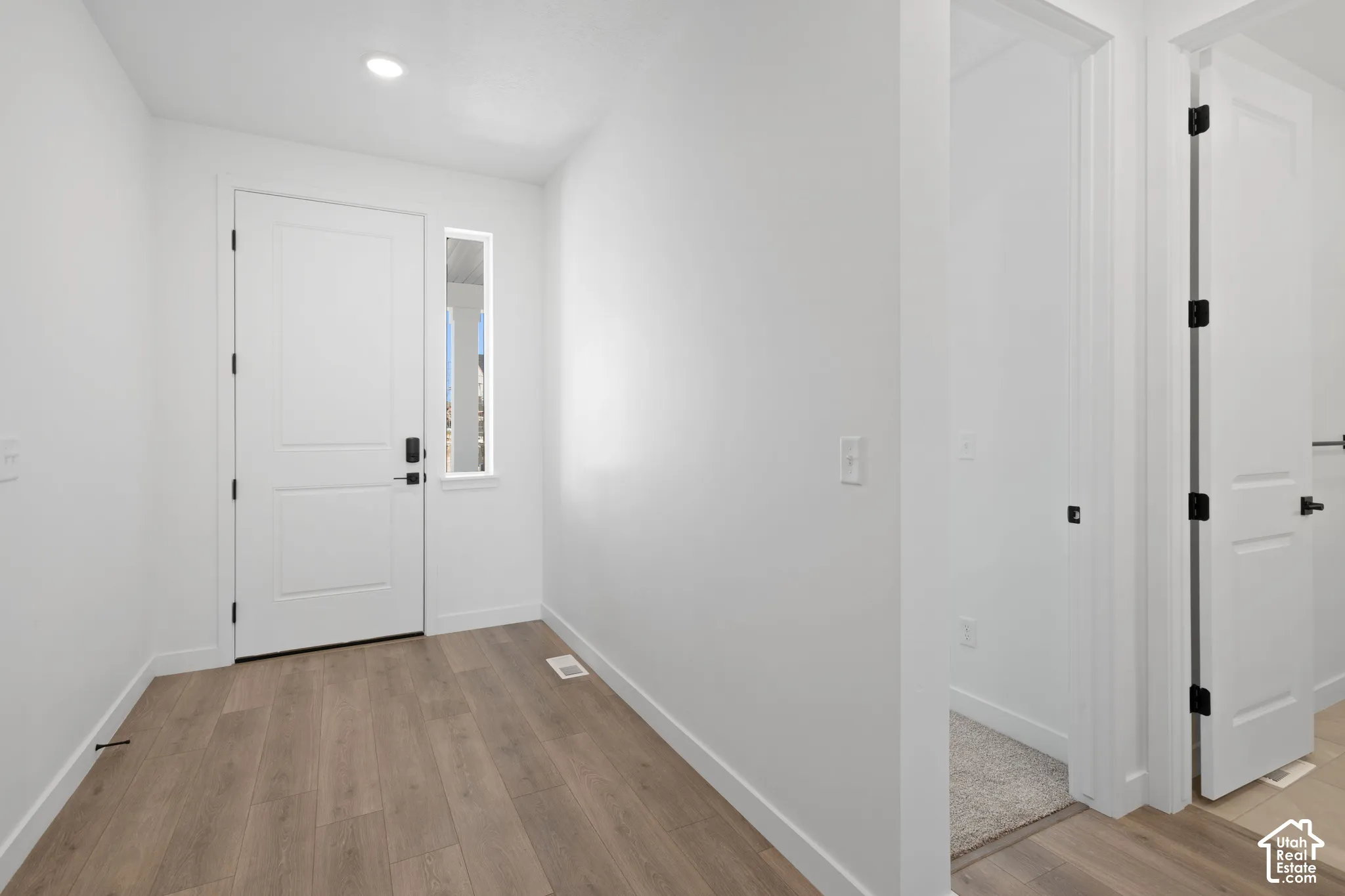 Entryway featuring wood-finish flooring, a white paneled door with black hardware, and a vertical window