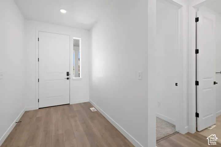 Entryway featuring wood-finish flooring, a white paneled door with black hardware, and a vertical window