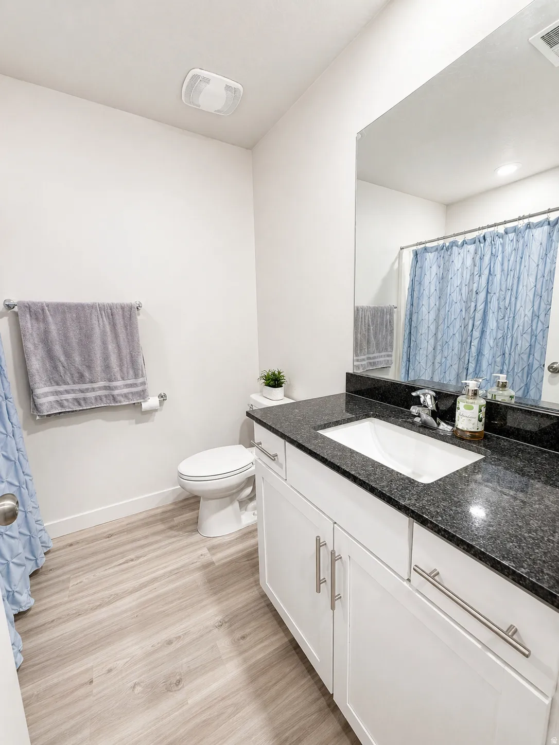 Full bath featuring vanity, light wood finished floors, and a shower with shower curtain