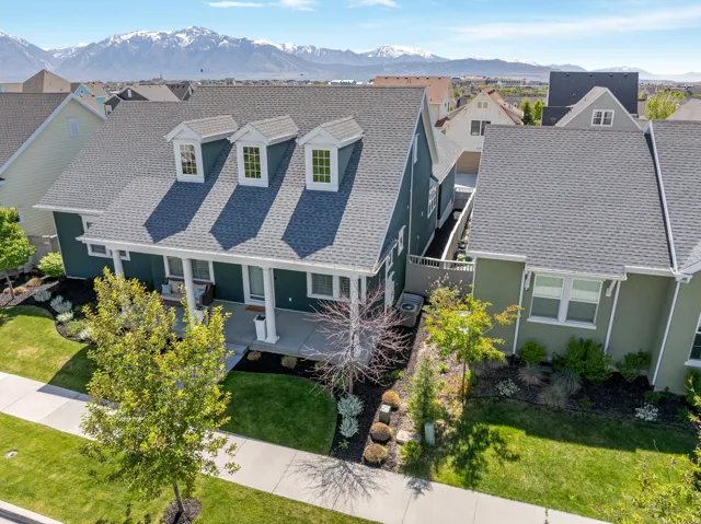 Aerial view of residential area with a mountain backdrop