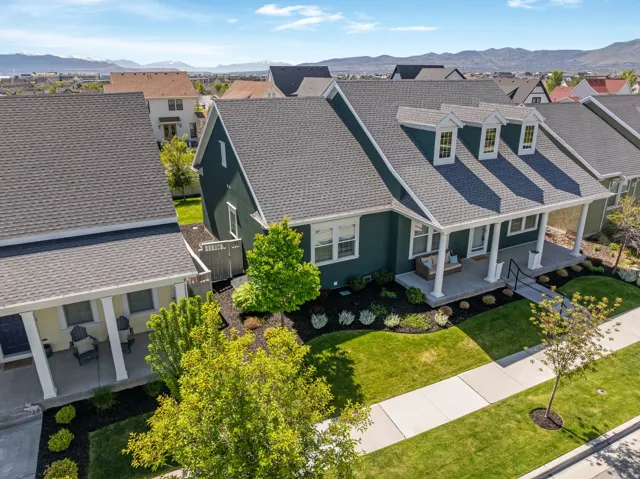 Aerial view of residential area with a mountain backdrop