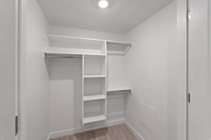 Walk in closet featuring light carpet