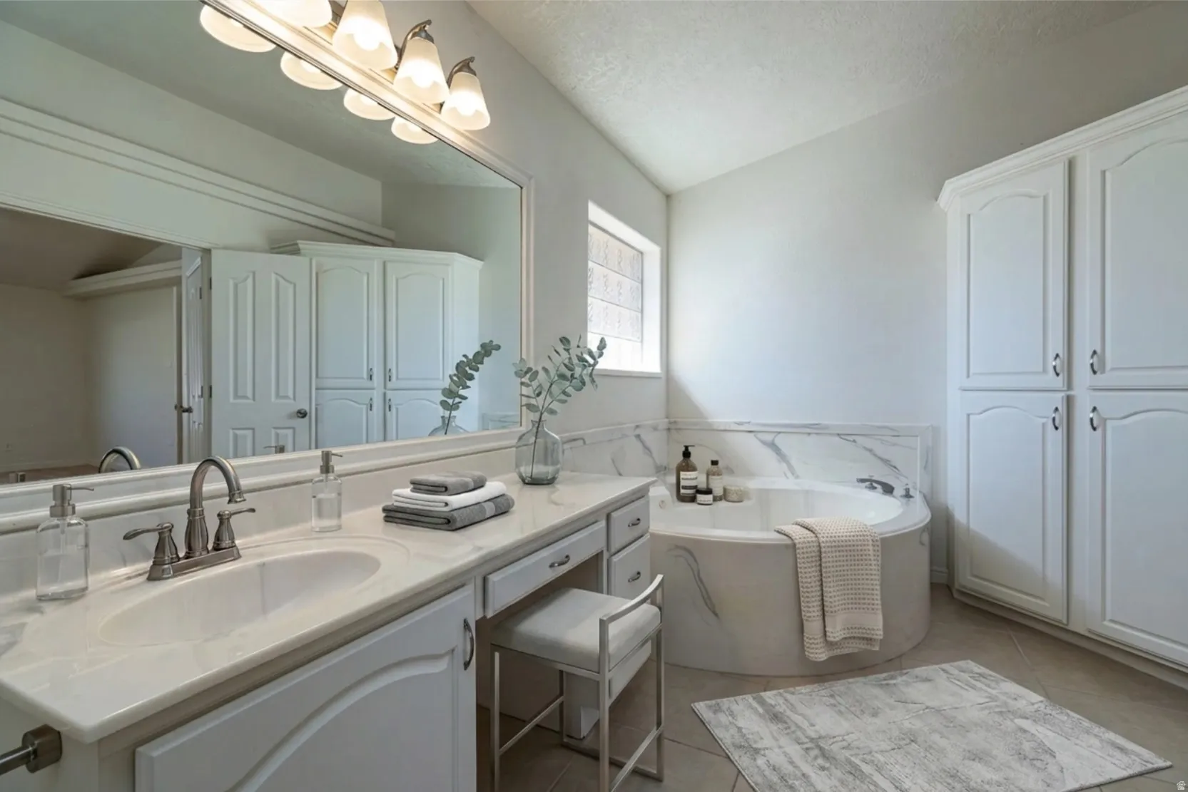 Full bath featuring vanity, a bath, and light tile patterned floors