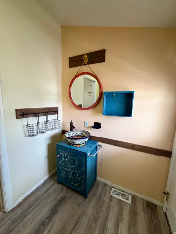 Bathroom with dark wood-type flooring and a sink