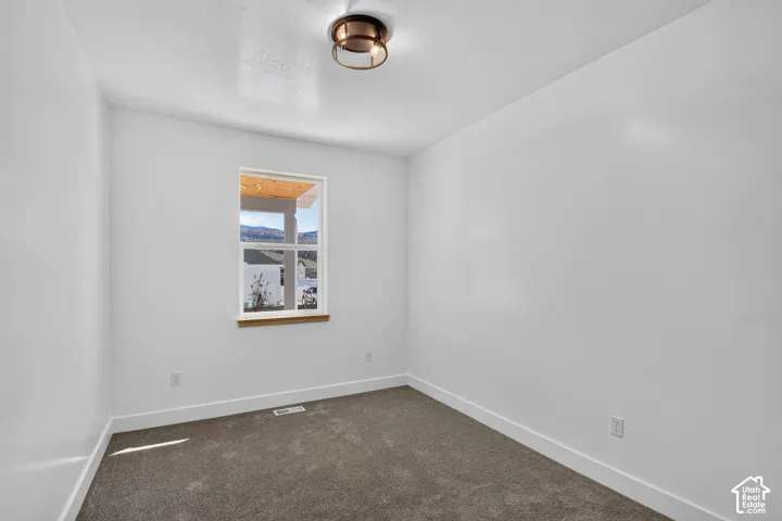 Neutral wall paint, plush carpet flooring, single window with natural wood trim, modern ceiling light fixture, and white baseboards