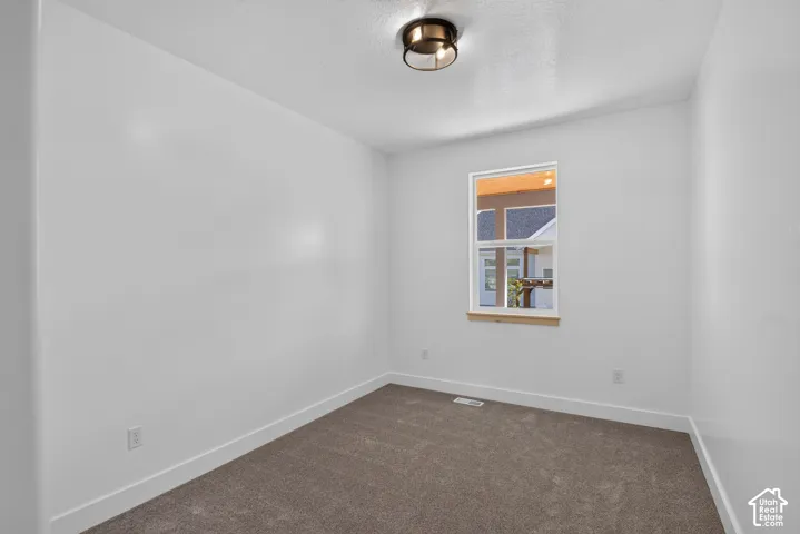 Neutral white walls, plush carpet flooring, and a contemporary flush-mount ceiling light