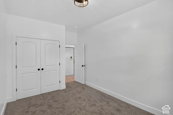 White interior walls, plush carpet flooring, bi-fold closet doors with arched panels, and a flush mount ceiling light fixture