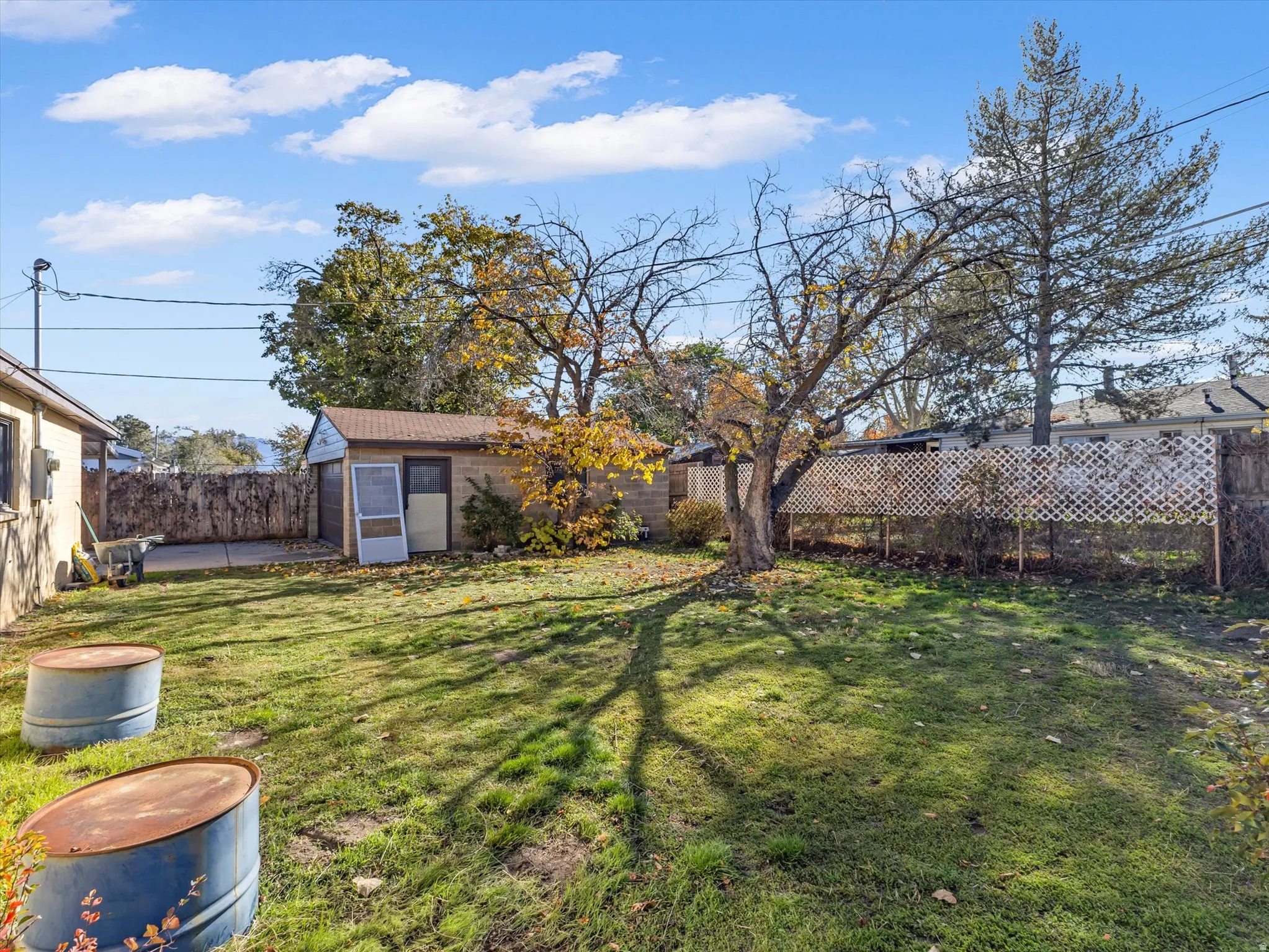 Fenced backyard with an outdoor structure