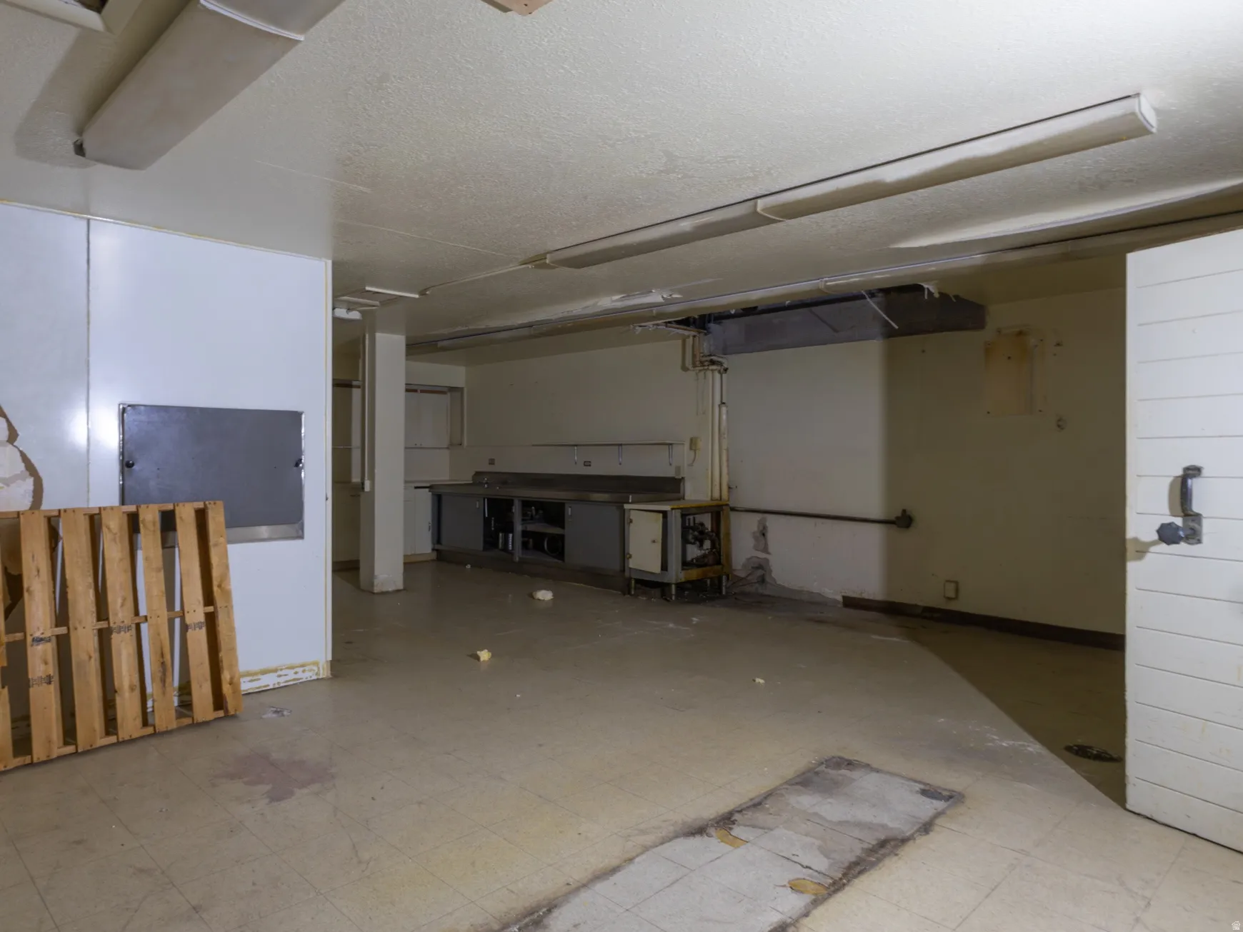 Spacious interior featuring a white panel wall, exposed utility piping, industrial fluorescent lighting, and a durable flooring surface