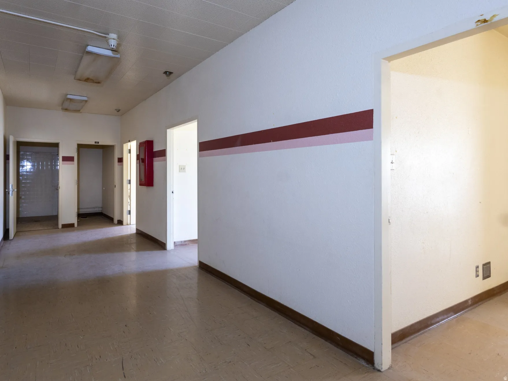 Long hallway with multiple doorways, featuring resilient flooring, drop ceiling, and surface-mounted conduit with fluorescent lighting