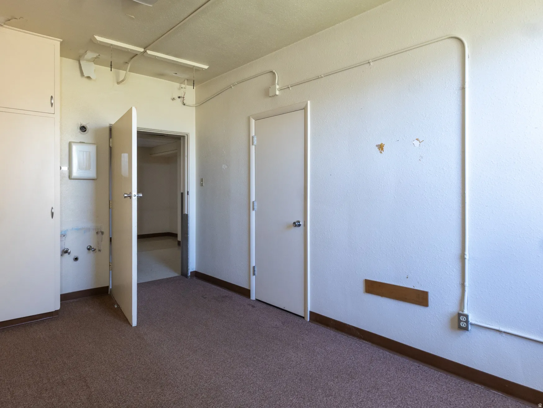 Carpeted interior space with white walls