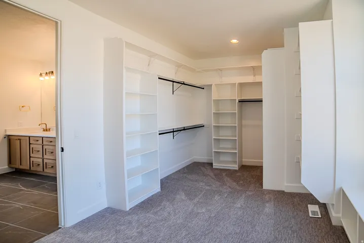 Walk in closet featuring dark colored carpet and a sink