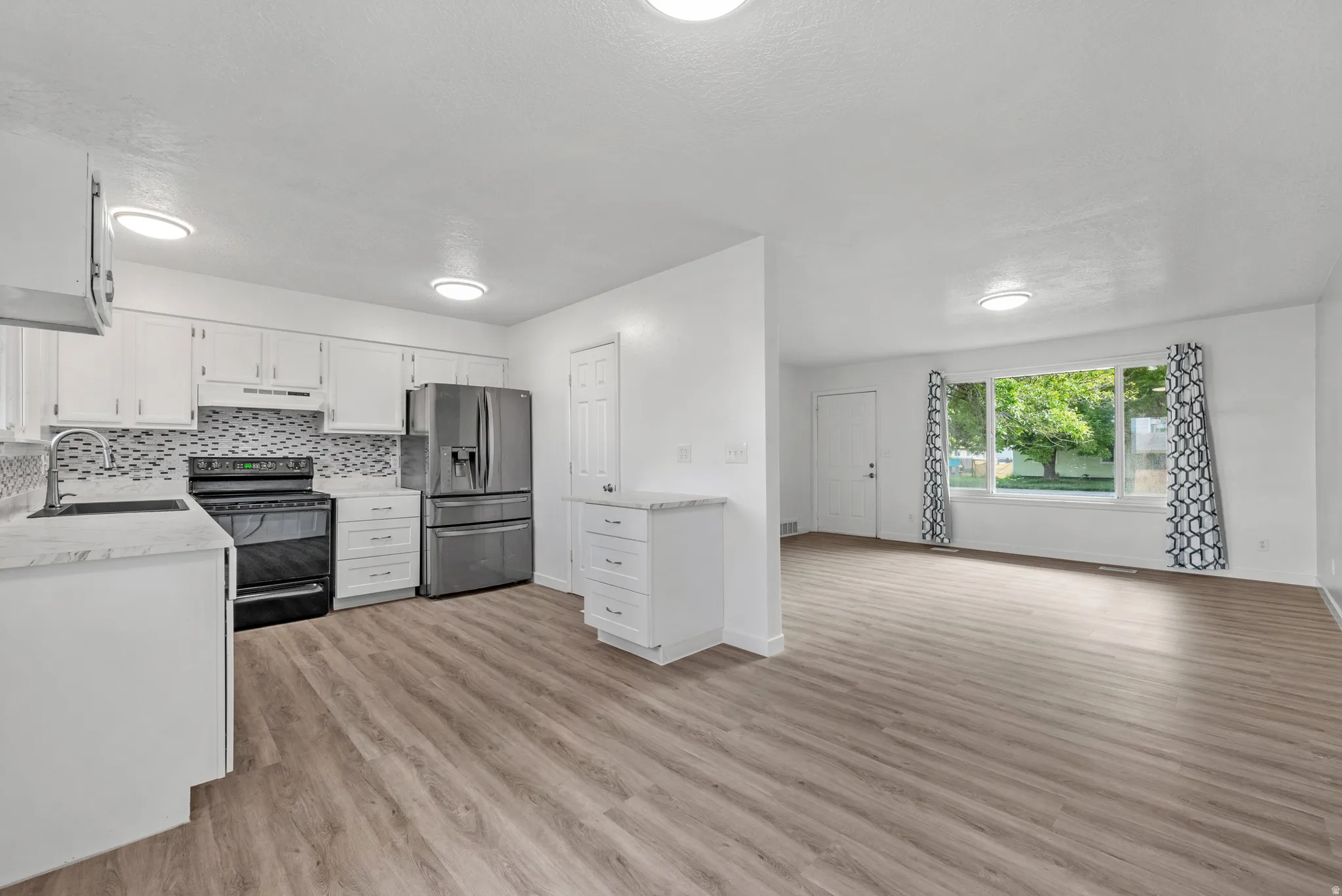 Open-concept living space with wood-finish flooring