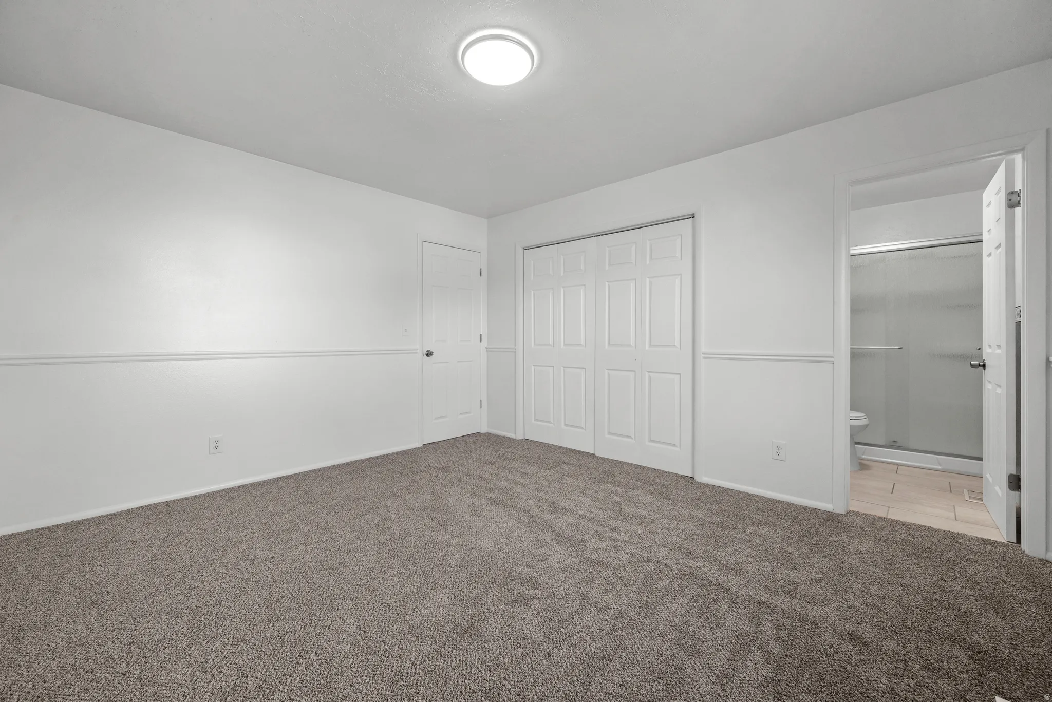 Carpeted room featuring a ceiling-mounted light fixture, white walls with wainscoting, and a white bi-fold closet door