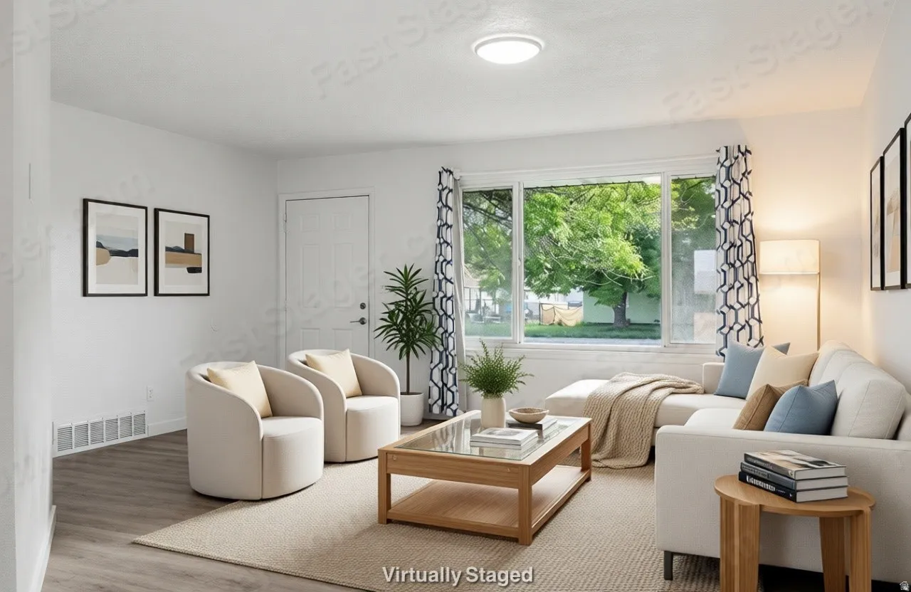 Bright living area featuring wood-finish flooring, a large picture window, recessed ceiling light, and a white paneled entry door