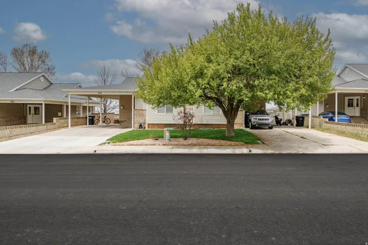 Exterior featuring a carport, light-toned siding, and a mature shade tree