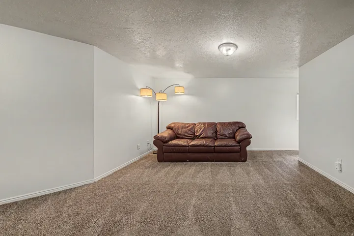 Living ROOM Spacious room featuring new carpet flooring, freshly painted white walls, and a textured ceiling
