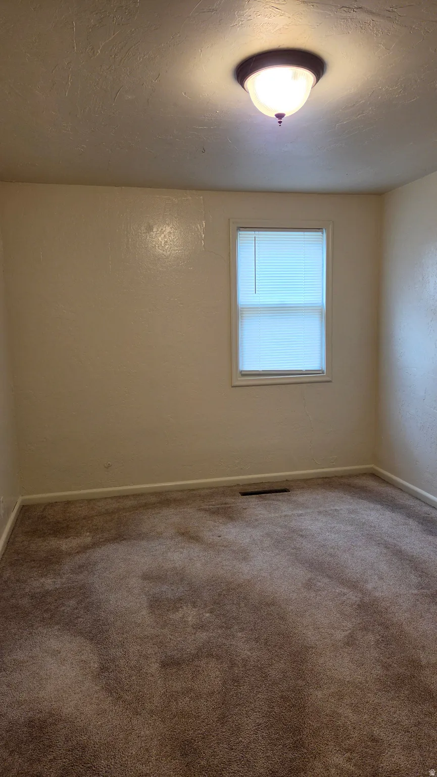 Carpeted room featuring a white-framed window with horizontal blinds, light-toned walls, and a ceiling-mounted light fixture