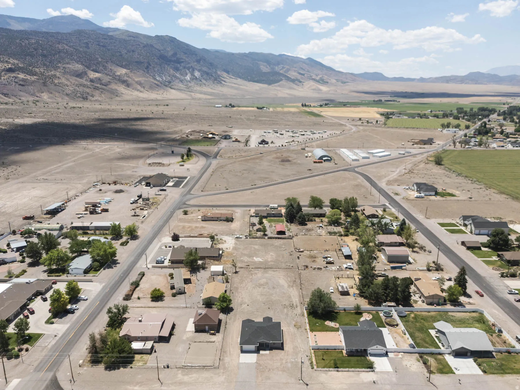 Expansive aerial perspective showcasing a residential street with diverse architectural styles