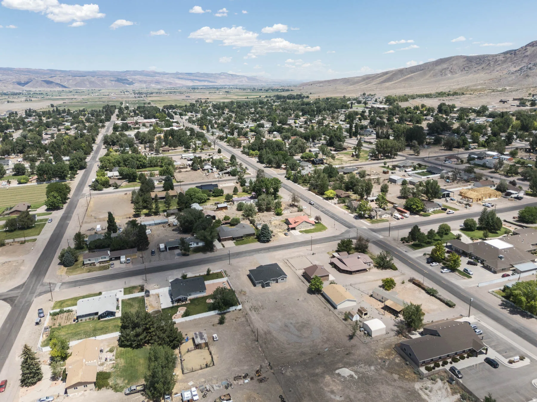 Elevated aerial perspective showcasing a community with established tree canopies and residential structures