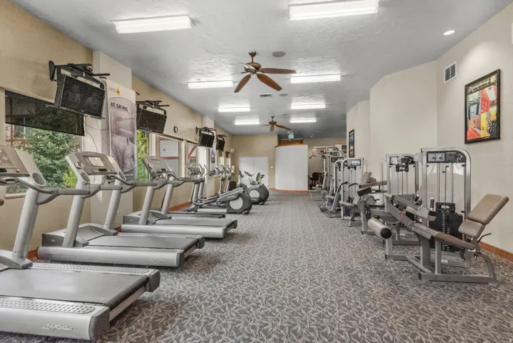 Dedicated fitness facility featuring a variety of cardio and strength training equipment, expansive windows, multiple ceiling fans, recessed lighting, and patterned carpet flooring