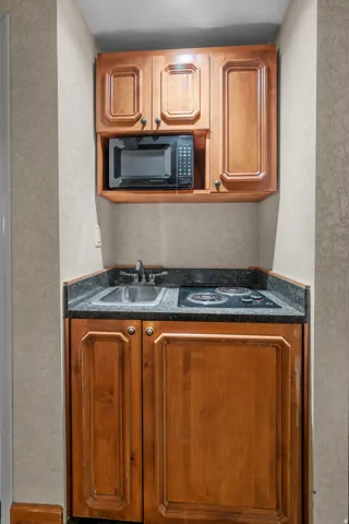 Compact kitchenette featuring wood cabinetry, a built-in microwave, a stainless steel sink, and a two-burner cooktop