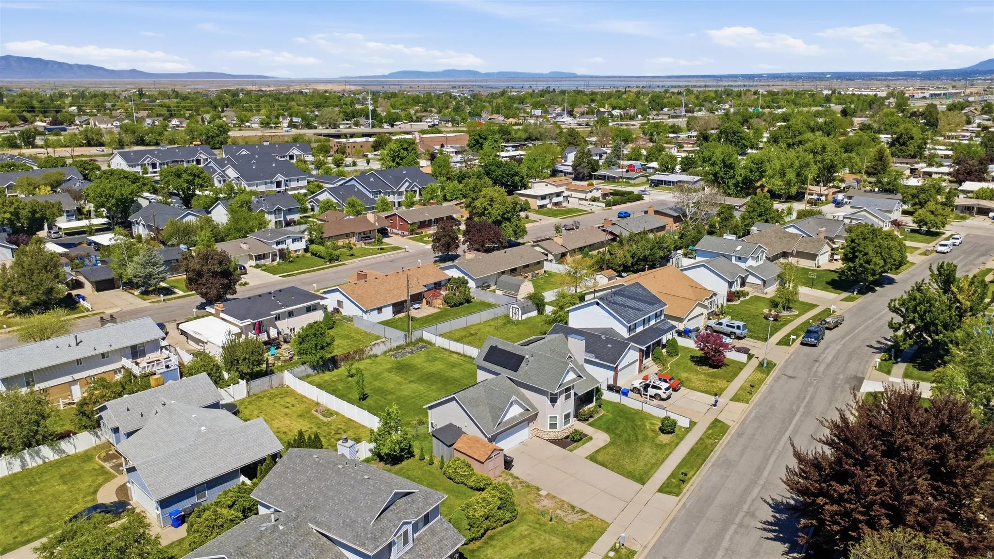 Residential neighborhood featuring mature trees and a clear sky