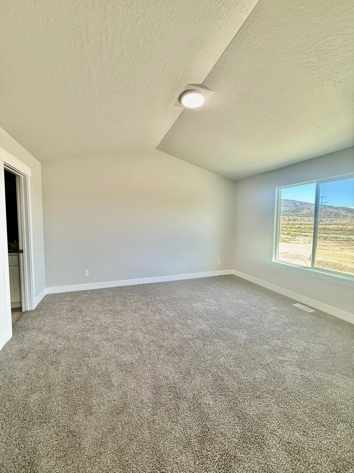 Spacious interior room featuring light gray walls, plush gray carpeting, and a recessed ceiling light