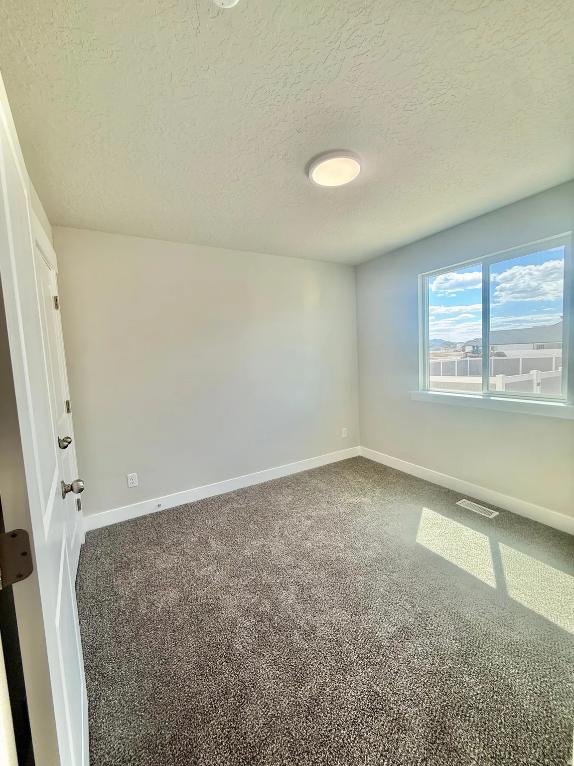 Carpeted room with a flush-mount ceiling light fixture, white trim, and a window offering natural light