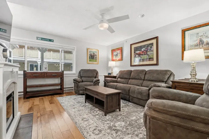Living area with ceiling fan, light wood-style flooring, and a baseboard heating unit