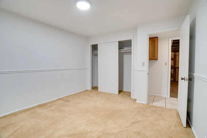 Carpeted room featuring white walls with chair rail molding, a flush-mount ceiling light, and a sliding-door closet