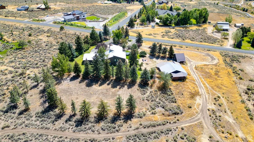 Expansive lot featuring a main residence with a gray roof, mature evergreen trees, a secondary structure with a metal roof, and a dirt driveway