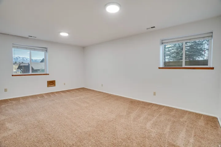 Spacious room featuring neutral carpet, white walls, and two windows providing natural light