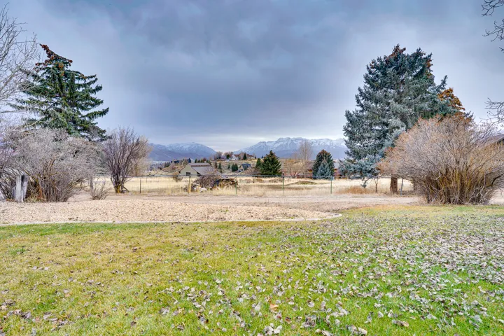 Expansive property featuring mature trees and a distant mountain range