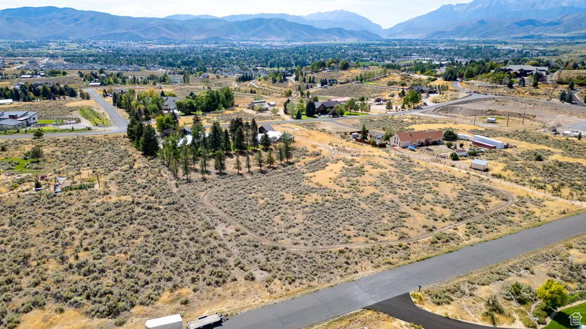 Expansive undeveloped lot featuring natural vegetation, a paved road frontage, and distant mountain backdrops