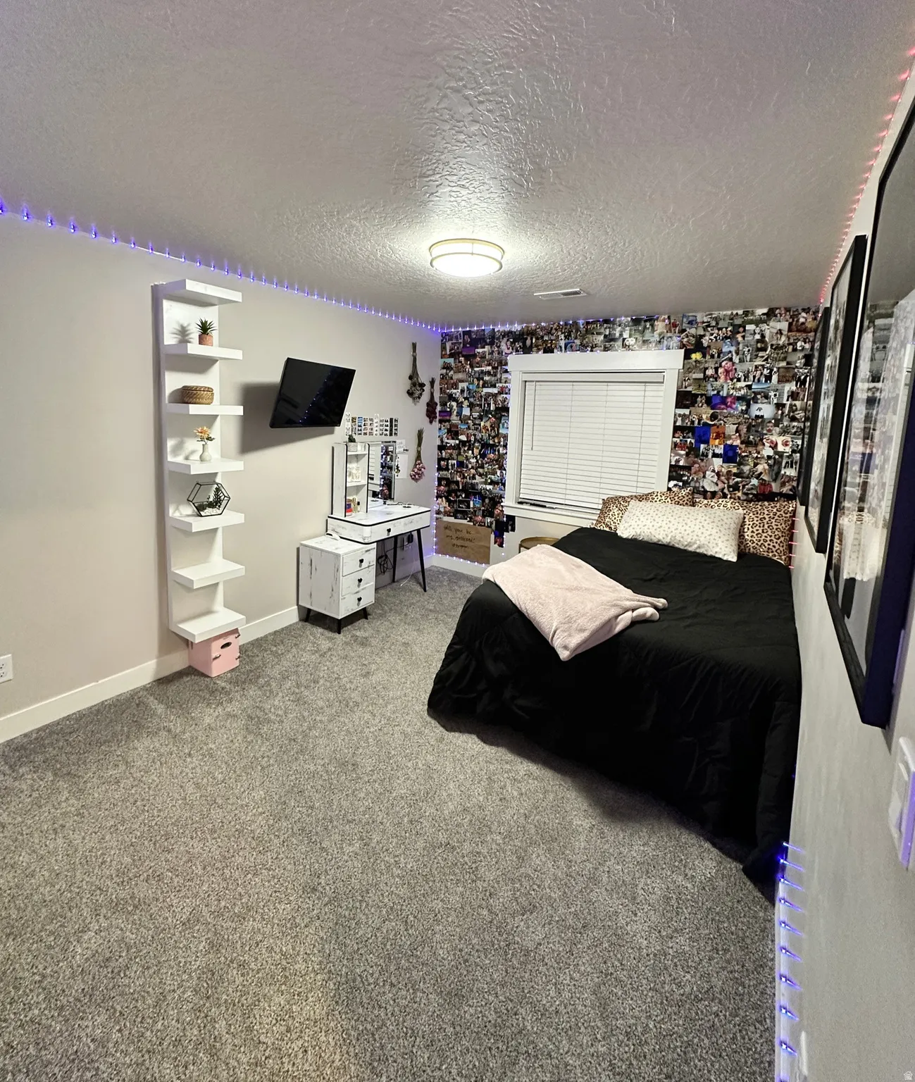 Plush carpeted room featuring a ceiling-mounted light fixture, built-in wall shelving, and a window with horizontal blinds