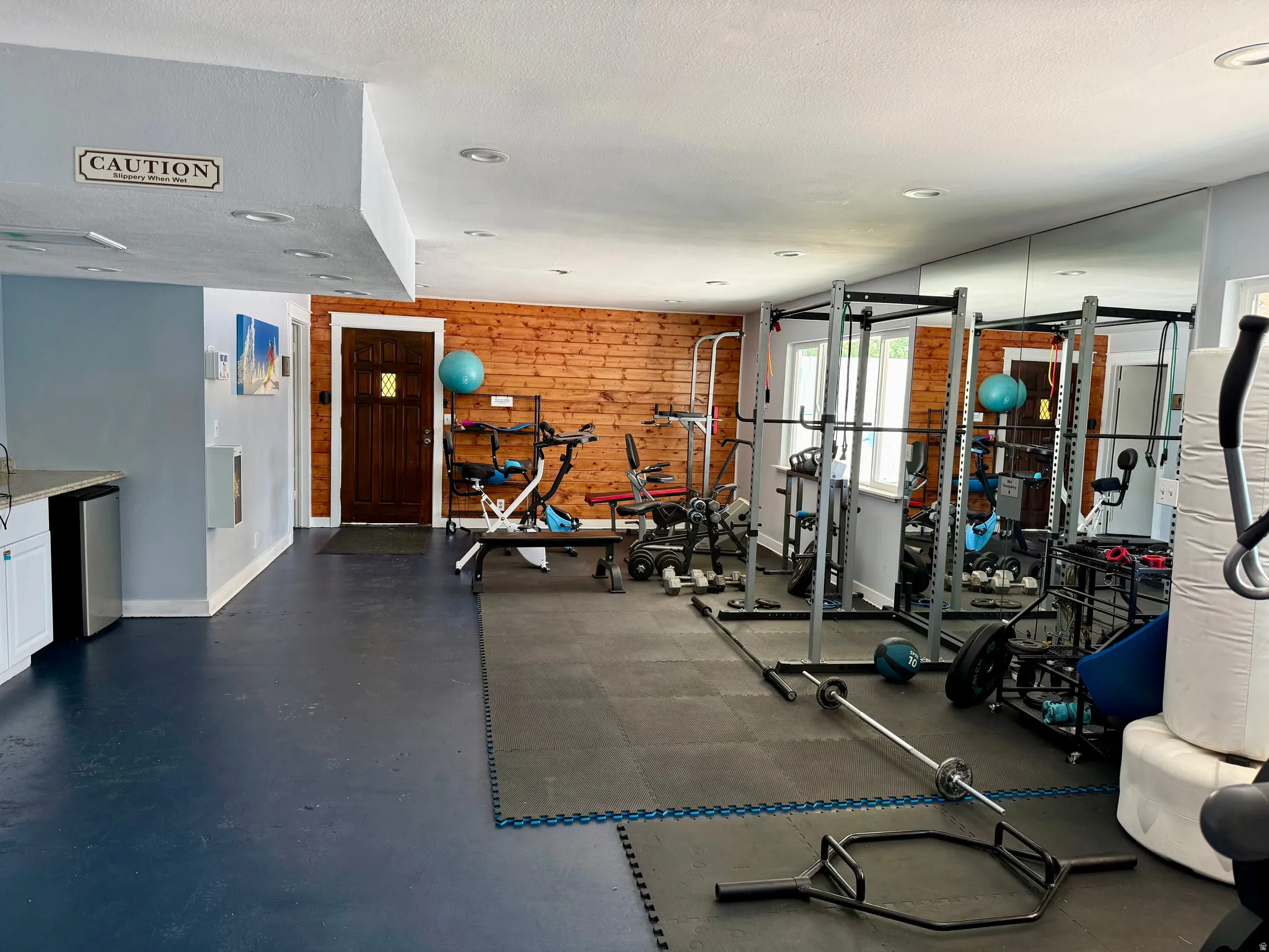 Gym with wood walls
