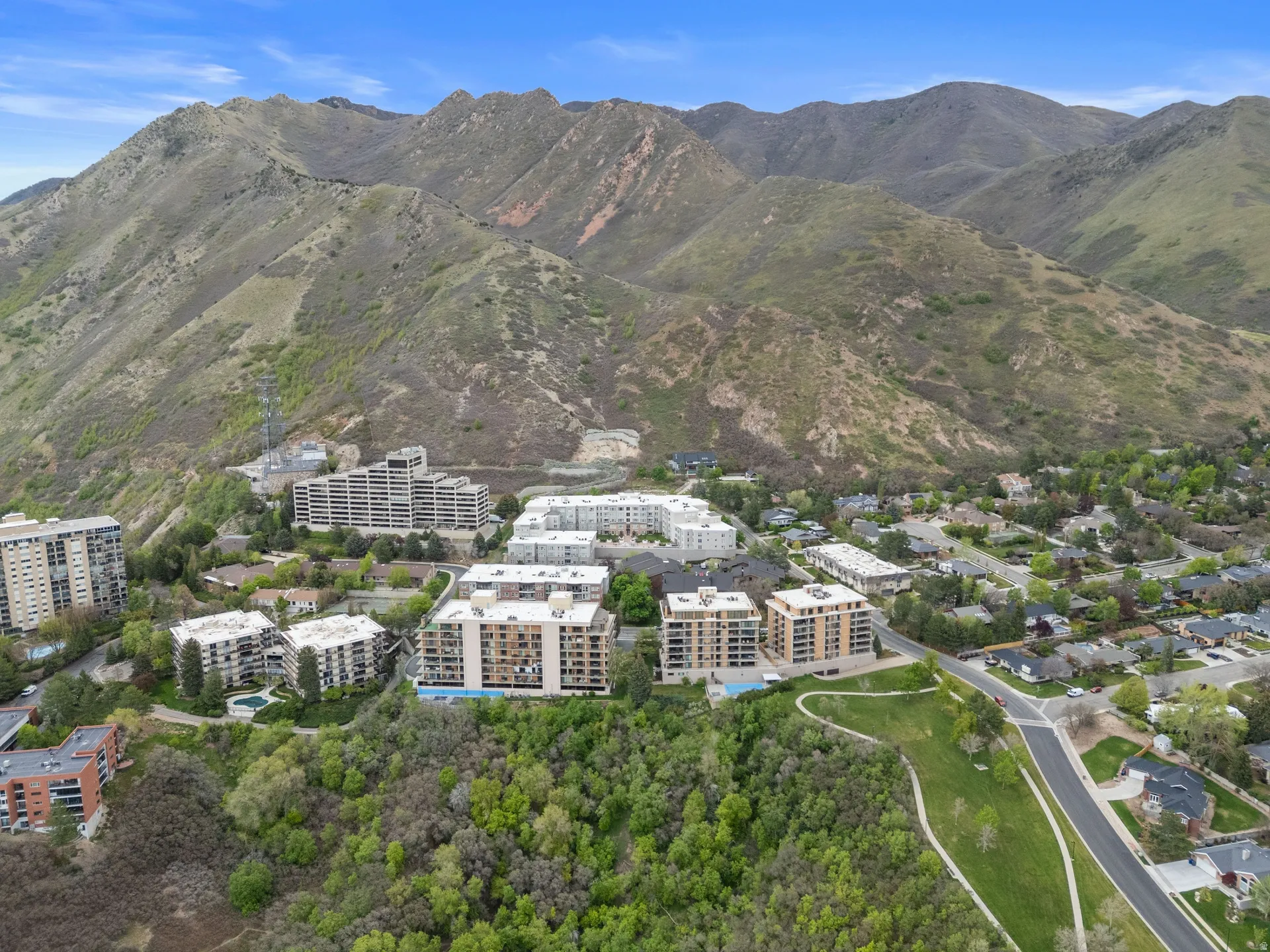 Drone / aerial view of a mountainous background