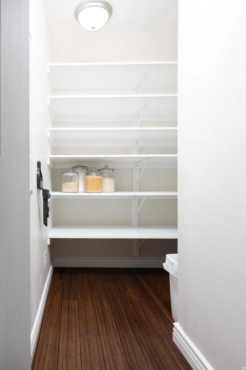 Expansive pantry featuring dark wood-finish flooring, white adjustable shelving, a flush-mount ceiling light fixture, and white baseboards