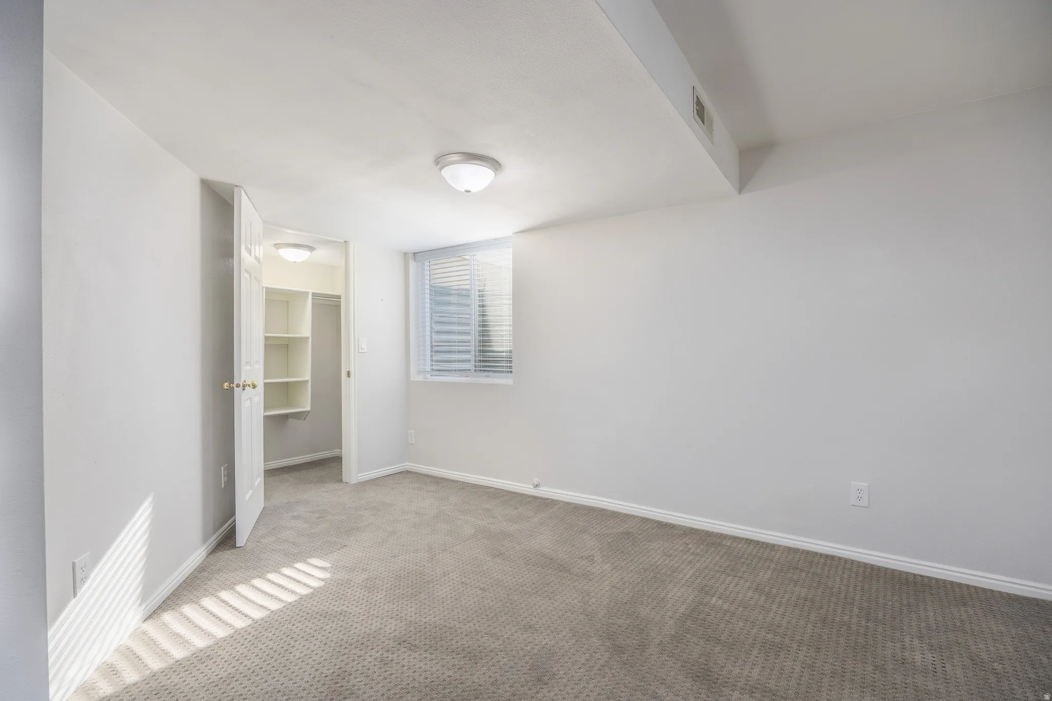 Carpeted room featuring a window with blinds, a walk-in closet with built-in shelving, a flush mount ceiling light fixture, and white baseboards