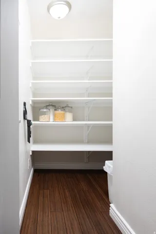 Expansive pantry featuring dark wood-finish flooring, white adjustable shelving, a flush-mount ceiling light fixture, and white baseboards
