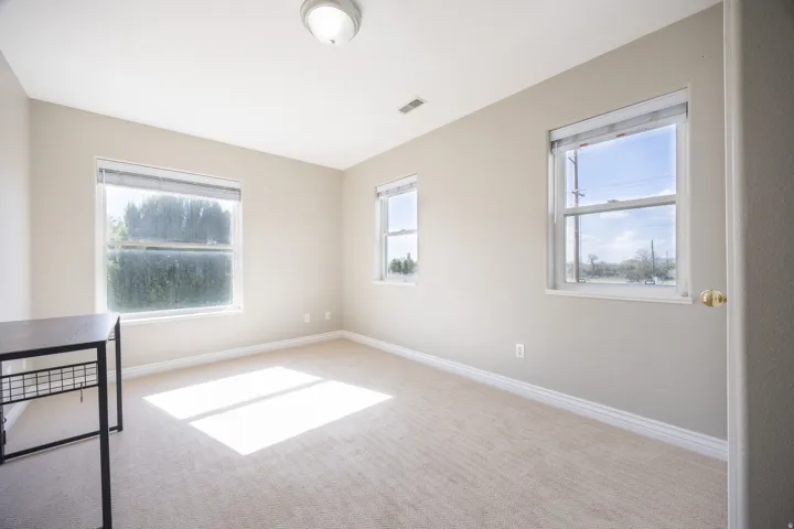 Light-filled room featuring neutral-toned walls, cream carpeting, multiple windows, and a flush-mount ceiling light fixture