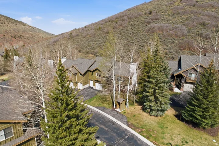 Aerial view of residential area featuring a mountainous background