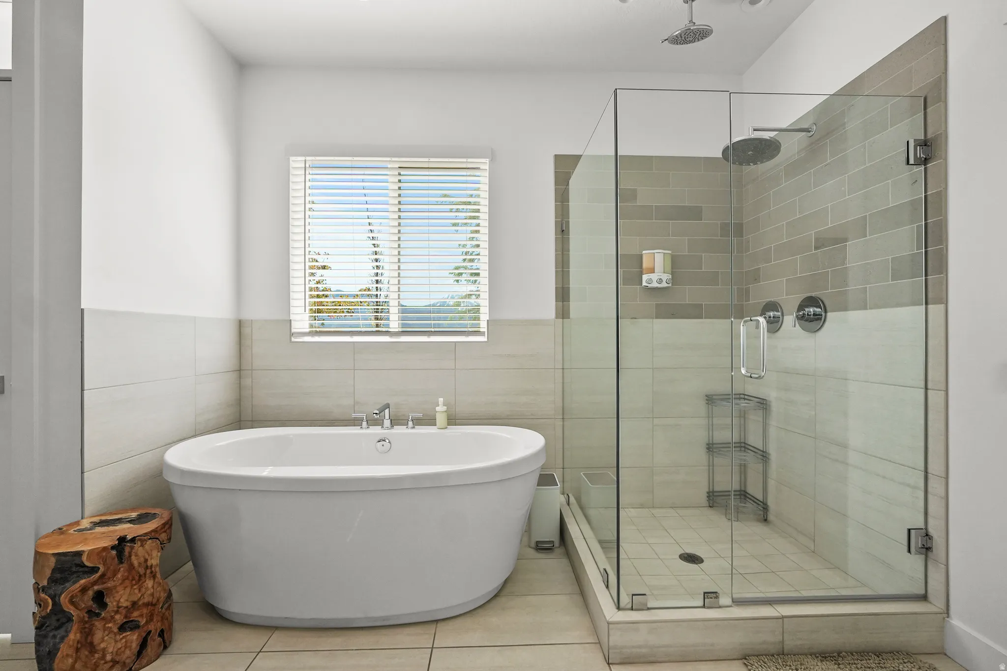 Full bathroom featuring a freestanding tub, a stall shower, tile walls, wainscoting, and light tile patterned floors