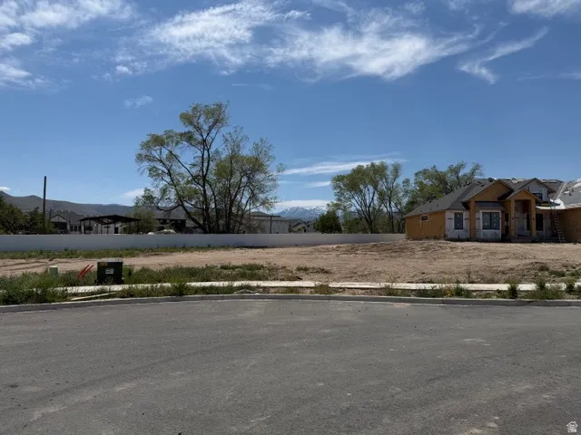 Expansive land lot featuring a paved street frontage, concrete sidewalk, utility connections, and a mountain backdrop